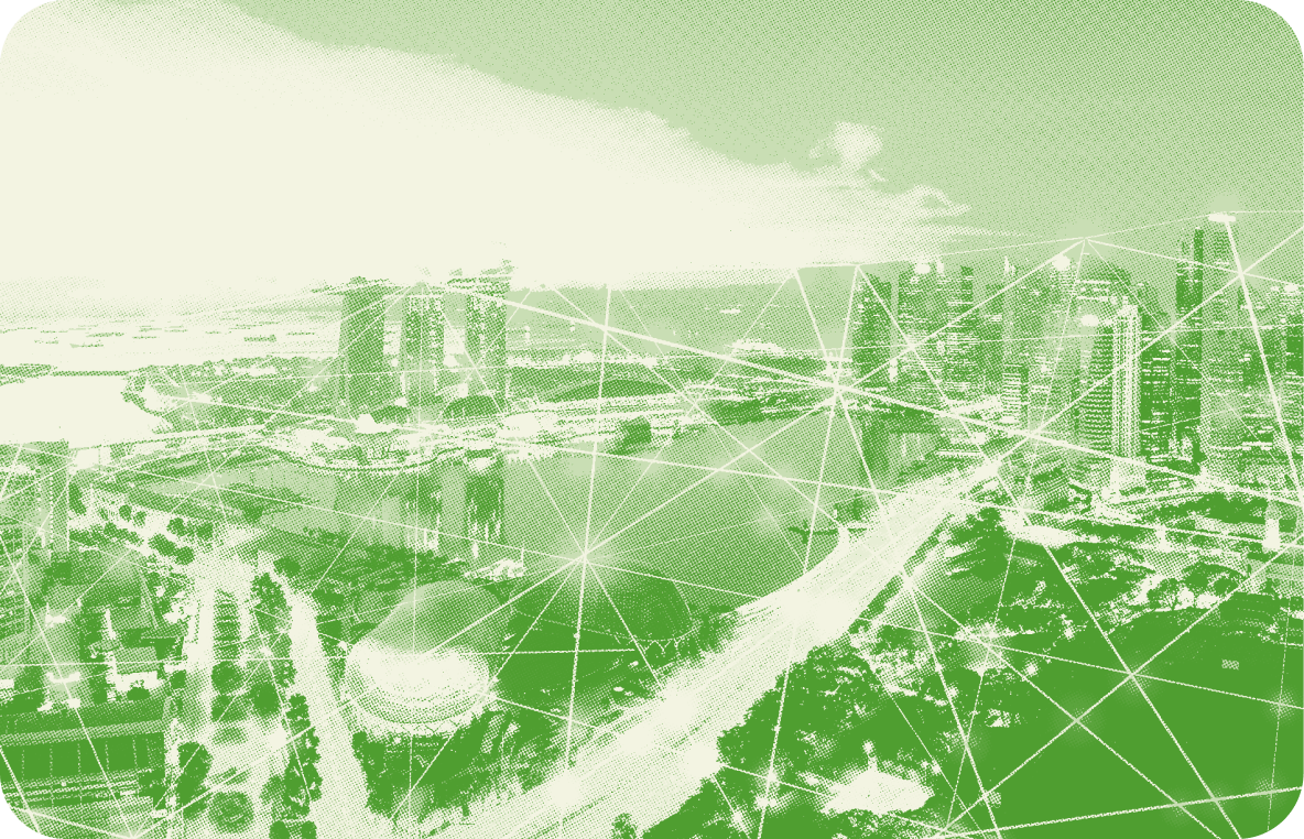 A cityscape with modern skyscrapers and bridges over a river in muted green tones.